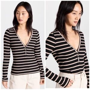Veronica Beard Shailee Black Striped V-Neck Buttoned Long Sleeve Top